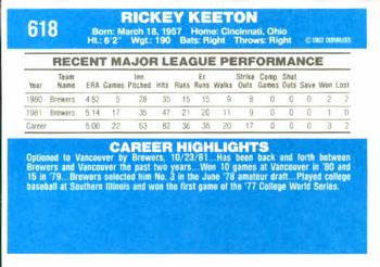 1982 Donruss #618 Rickey Keeton Back