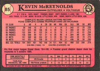 1989 O-Pee-Chee #85 Kevin McReynolds Back