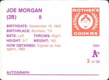 1984 Mother's Cookies Oakland Athletics #3 Joe Morgan Back