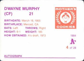 1984 Mother's Cookies Oakland Athletics #4 Dwayne Murphy Back