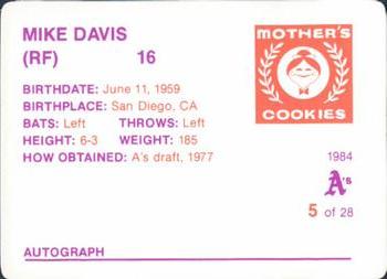 1984 Mother's Cookies Oakland Athletics #5 Mike Davis Back