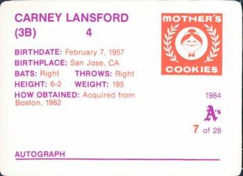 1984 Mother's Cookies Oakland Athletics #7 Carney Lansford Back