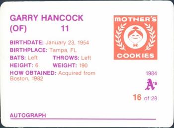 1984 Mother's Cookies Oakland Athletics #16 Garry Hancock Back
