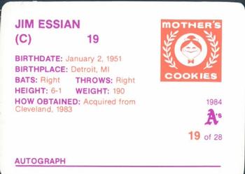 1984 Mother's Cookies Oakland Athletics #19 Jim Essian Back