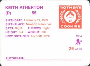 1984 Mother's Cookies Oakland Athletics #26 Keith Atherton Back