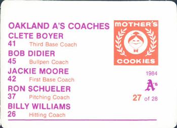 1984 Mother's Cookies Oakland Athletics #27 A's Coaches - Ron Schueler / Billy Williams / Clete Boyer / Bob Didier / Jackie Moore Back