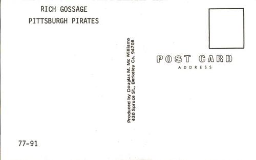1977 Doug McWilliams Postcards #77-91 Rich Gossage Back