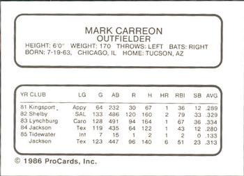 1986 ProCards Tidewater Tides #NNO Mark Carreon Back