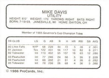1986 ProCards Tidewater Tides #NNO Mike Davis Back