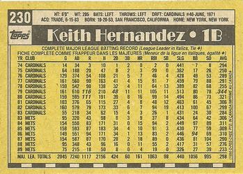 1990 O-Pee-Chee #230 Keith Hernandez Back