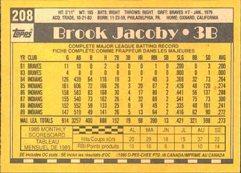 1990 O-Pee-Chee #208 Brook Jacoby Back