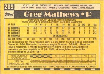 1990 O-Pee-Chee #209 Greg Mathews Back