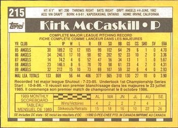1990 O-Pee-Chee #215 Kirk McCaskill Back