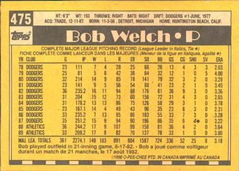 1990 O-Pee-Chee #475 Bob Welch Back