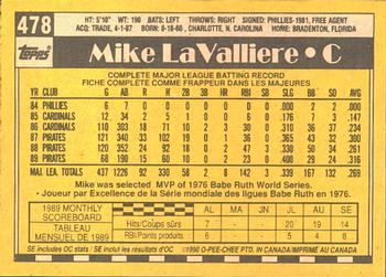 1990 O-Pee-Chee #478 Mike LaValliere Back