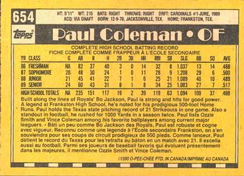 1990 O-Pee-Chee #654 Paul Coleman Back