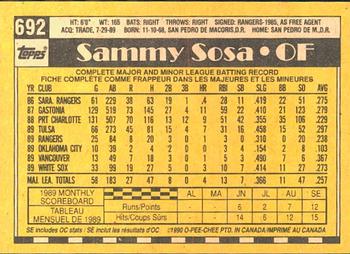 1990 O-Pee-Chee #692 Sammy Sosa Back