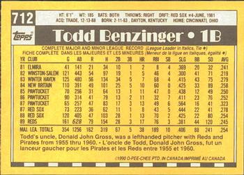 1990 O-Pee-Chee #712 Todd Benzinger Back
