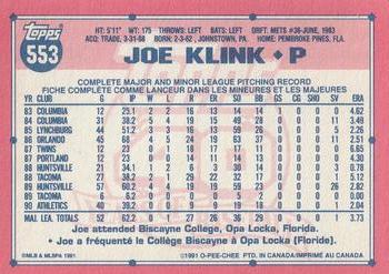 1991 O-Pee-Chee #553 Joe Klink Back