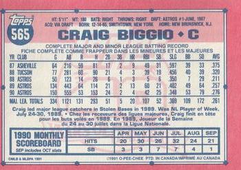 1991 O-Pee-Chee #565 Craig Biggio Back