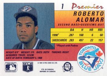1991 O-Pee-Chee Premier #1 Roberto Alomar Back