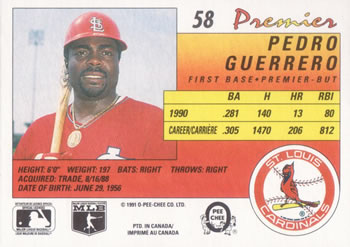 1991 O-Pee-Chee Premier #58 Pedro Guerrero Back