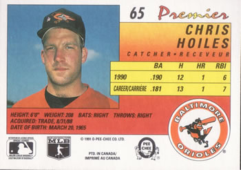 1991 O-Pee-Chee Premier #65 Chris Hoiles Back