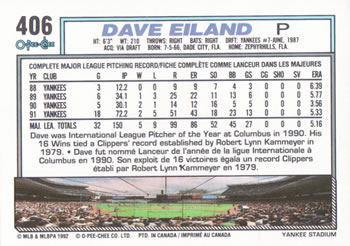 1992 O-Pee-Chee #406 Dave Eiland Back