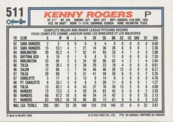 1992 O-Pee-Chee #511 Kenny Rogers Back