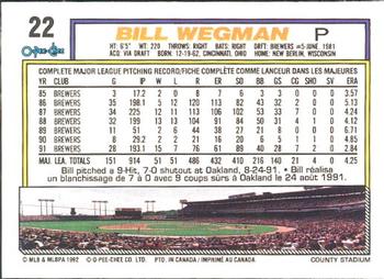 1992 O-Pee-Chee #22 Bill Wegman Back