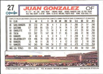 1992 O-Pee-Chee #27 Juan Gonzalez Back