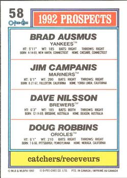 1992 O-Pee-Chee #58 Brad Ausmus / Jim Campanis / Dave Nilsson / Doug Robbins Back