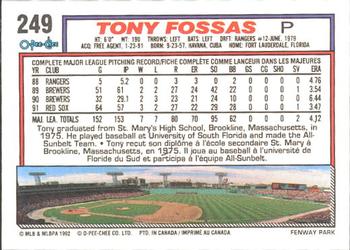 1992 O-Pee-Chee #249 Tony Fossas Back