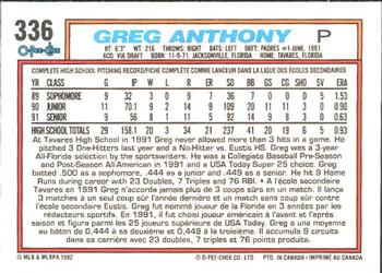 1992 O-Pee-Chee #336 Greg Anthony Back
