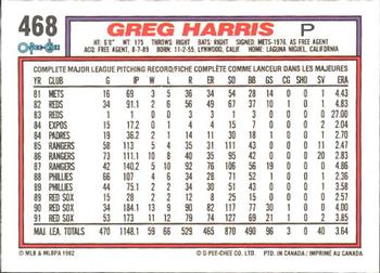 1992 O-Pee-Chee #468 Greg Harris Back