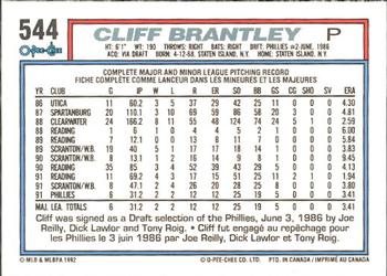 1992 O-Pee-Chee #544 Cliff Brantley Back