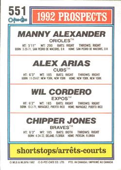 1992 O-Pee-Chee #551 1992 Prospects SS (Manny Alexander / Alex Arias / Wil Cordero / Chipper Jones) Back
