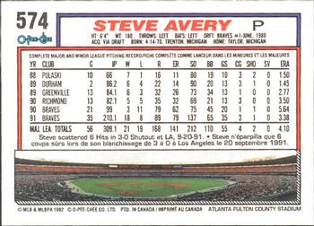 1992 O-Pee-Chee #574 Steve Avery Back