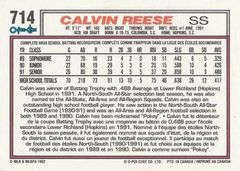 1992 O-Pee-Chee #714 Calvin Reese Back