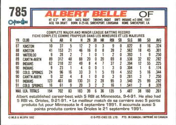1992 O-Pee-Chee #785 Albert Belle Back