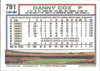 1992 O-Pee-Chee #791 Danny Cox Back
