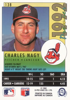 1992 O-Pee-Chee Premier #138 Charles Nagy Back