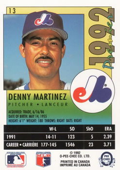 1992 O-Pee-Chee Premier #13 Denny Martinez Back