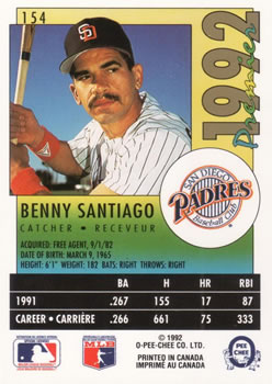 1992 O-Pee-Chee Premier #154 Benny Santiago Back