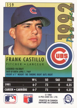 1992 O-Pee-Chee Premier #159 Frank Castillo Back
