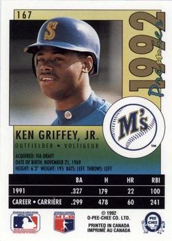 1992 O-Pee-Chee Premier #167 Ken Griffey, Jr. Back