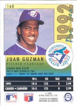 1992 O-Pee-Chee Premier #168 Juan Guzman Back