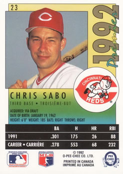 1992 O-Pee-Chee Premier #23 Chris Sabo Back