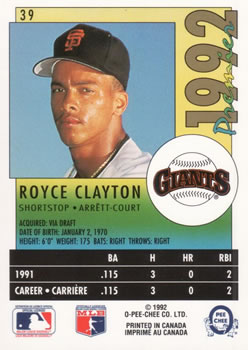 1992 O-Pee-Chee Premier #39 Royce Clayton Back