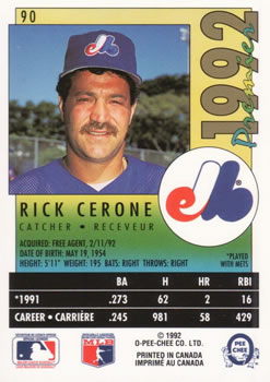 1992 O-Pee-Chee Premier #90 Rick Cerone Back